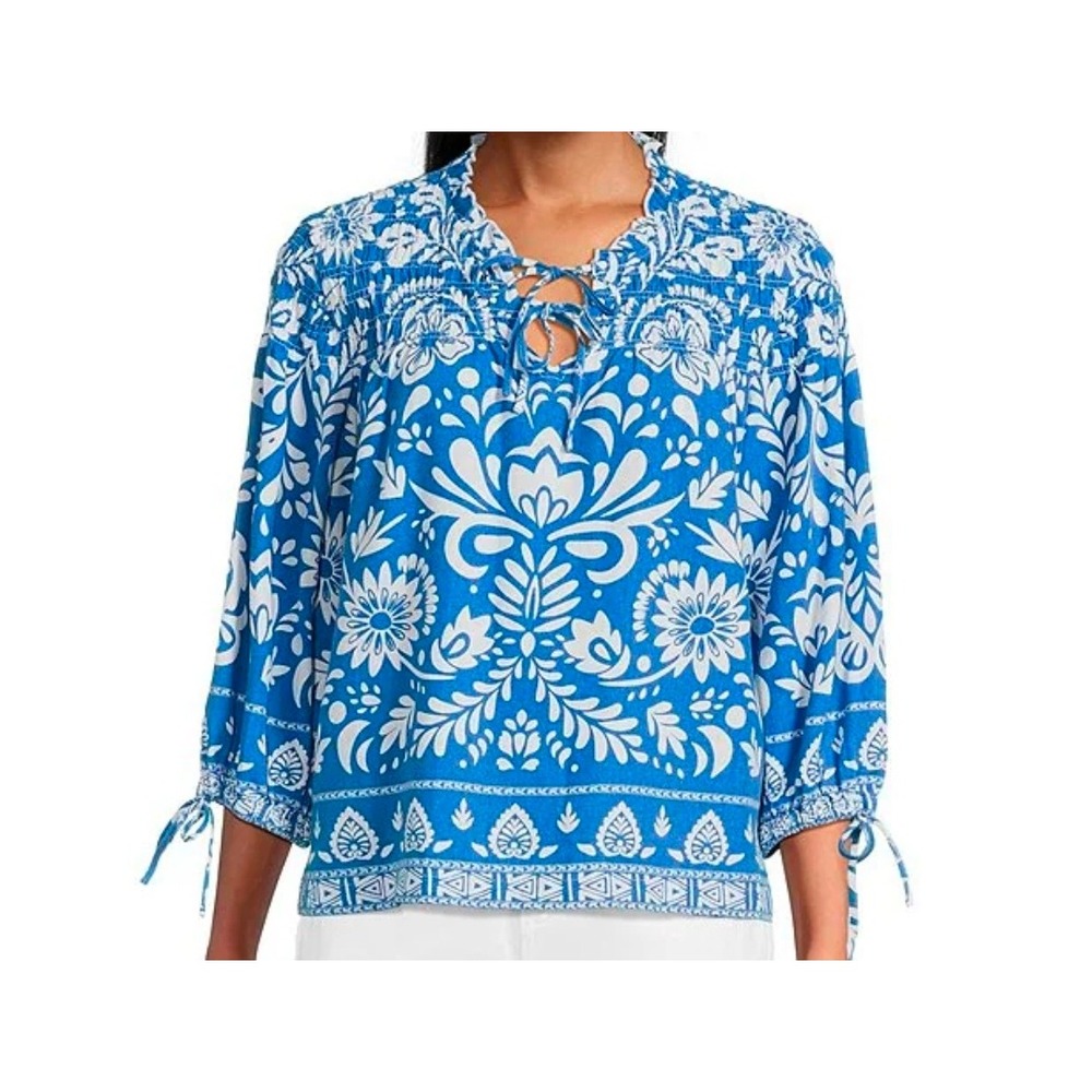 John Mark Peasant Blouse Women XL Blue White Floral Smocked Linen Blend Top #760